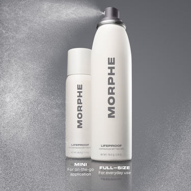 Morphe Lifeproof Continuous Setting Mist available sizes infographic.